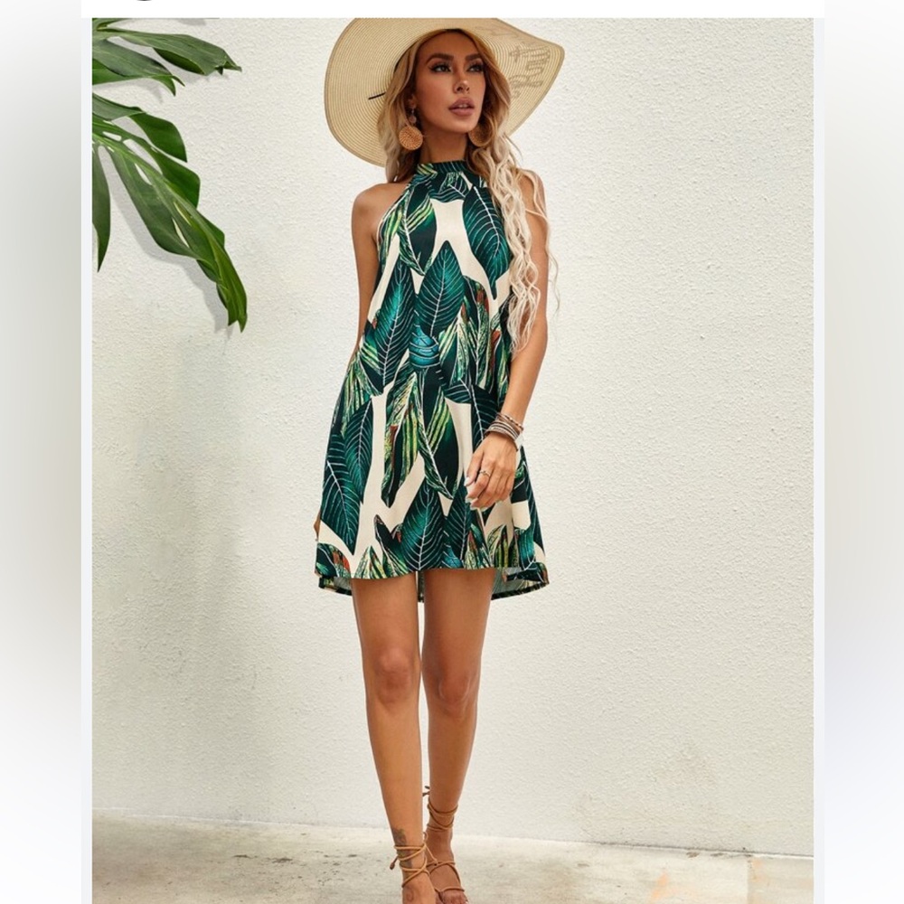 SHEIN Green and White Halter Mini Sundress